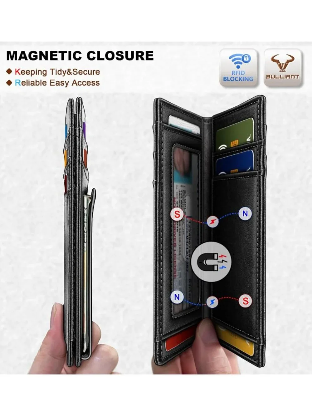 Slim Magnetic Leather Wallet with Money Clip for Men - Holds 12 Cards, Stylish